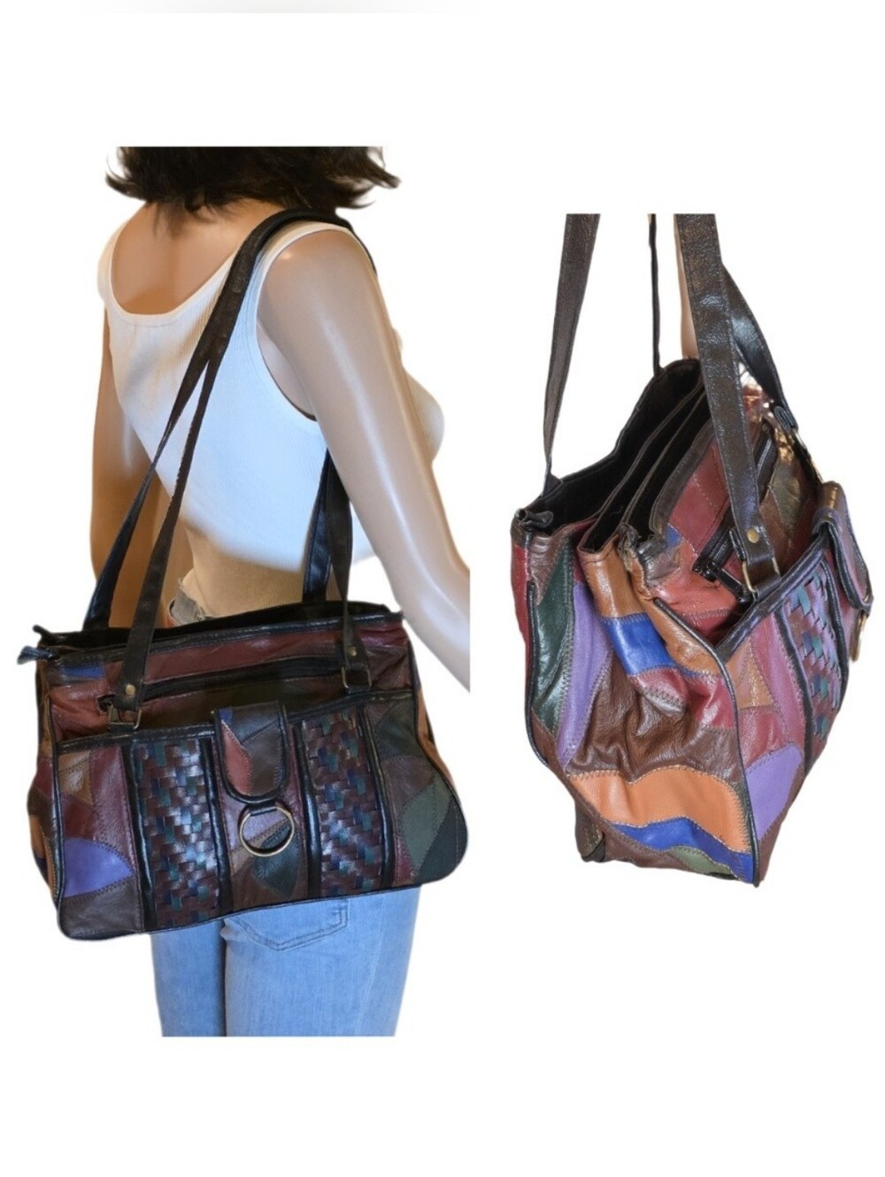 Vintage 80s Boho Patchwork Leather Handbag Ring Detail  EXCELLENT70s 80s Retro